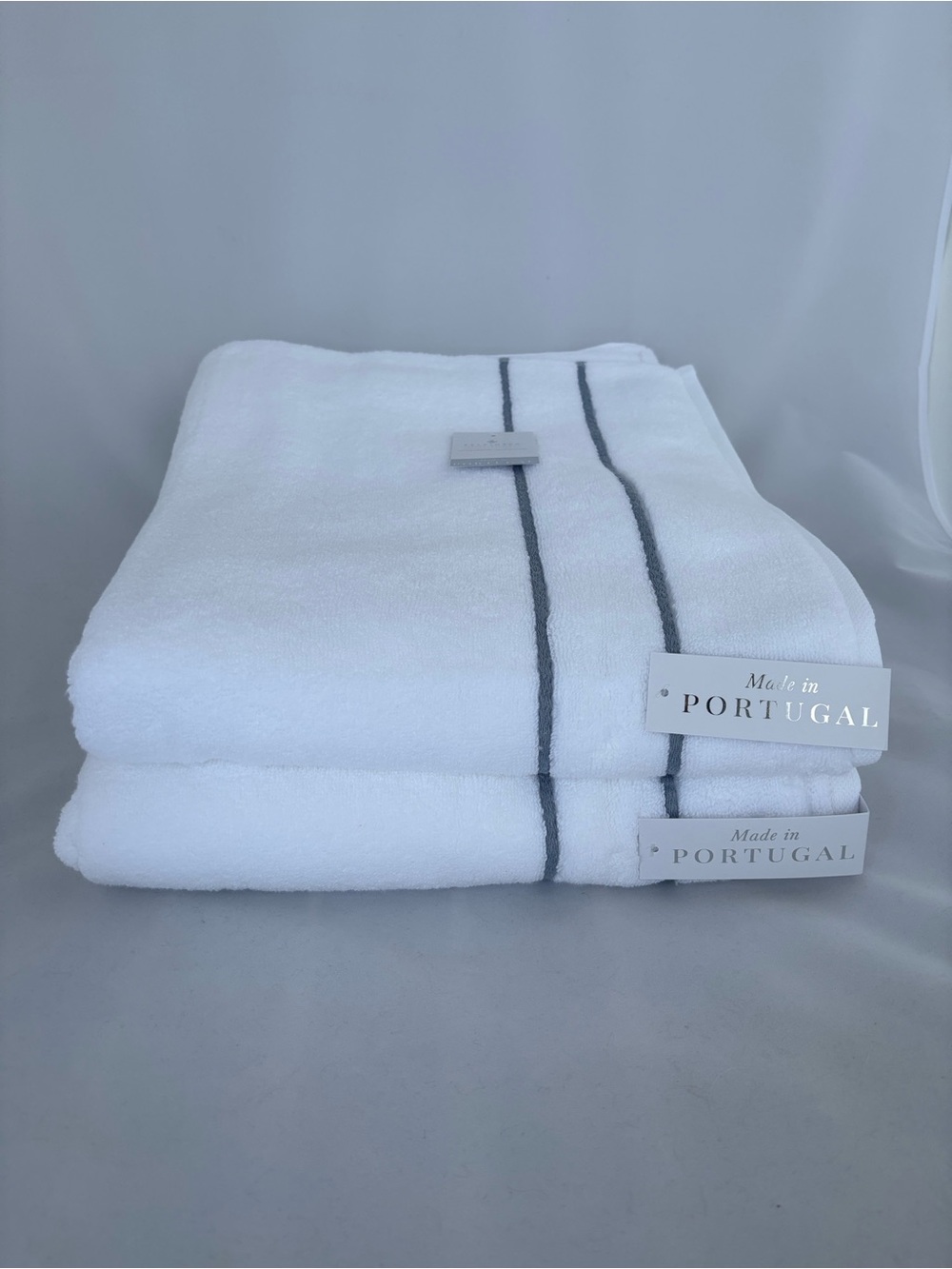 2 Pc Felpinter White Bath Towels Blue-Gray Stripe - Premium Cotton - Portugal